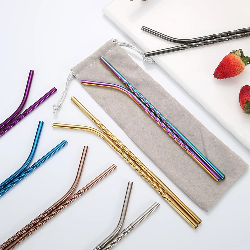 

Food Grade Approved Spiral Stainless Steel Straws Set Metal Drinking Straw with bag, Multiple colour