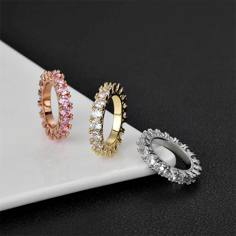 Advanced Fashion Hip Hop Rapper Jewelry 4mm Inlaid A Row Pink Zircon Full Iced Out Ring For Men