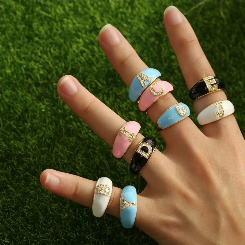 

New Fashion 26 English Letters 4 Colors Enamel Diy Name Inlaid Zircon Open Ring Chunky Gold Colorful Ring For Women, Like picture