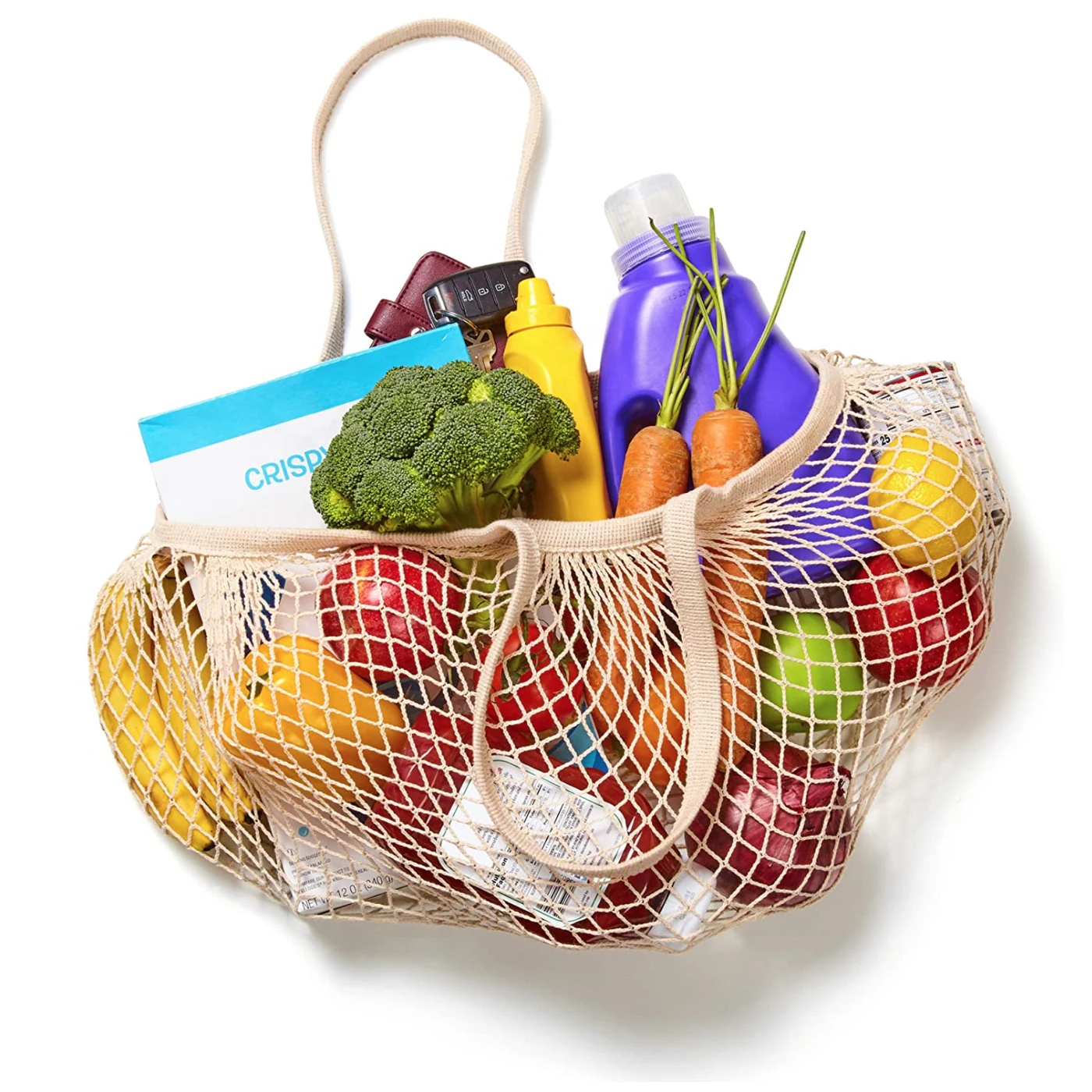 

Eco Friendly Washable Foldable Fruit Reusable Cotton Net String Grocery Bag For Vegetables, Multicolor