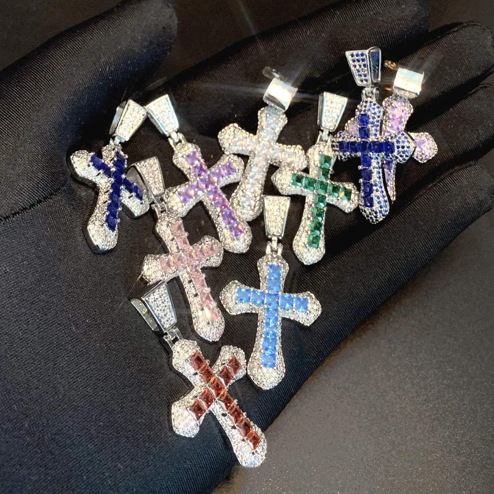 

2023 New Hip Hop Jewelry Brass Iced Out CZ Oil Drop Pink Blue Colorful CZ Cross Trident Pendant Necklace