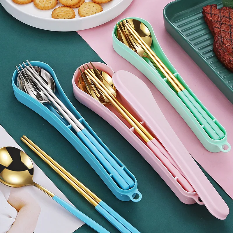 

Portable 304 Korean Picnic Kids School Camping Travel Flatware Stainless Steel cutlery Set with Case box, Sliver/gold with pink/blue/green handle