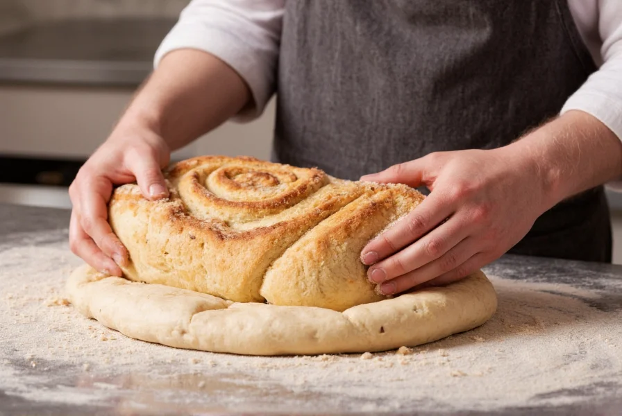 Professional baker shaping cinnamon bread dough with visible swirl pattern