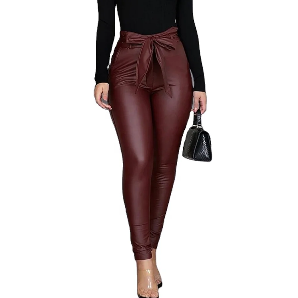 

Wholesale Custom Women Spring Autumn Sexy Fashion PU Leather Leggings Ladies Bowknot Solid Color Slim Tight Long Pants Leggings