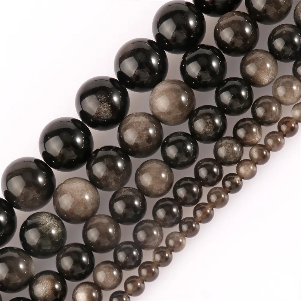 

Natural Stone Beads 4-12MM Round Smooth Silver Obsidian Loose Beads For Jewelry Making DIY Bracelet