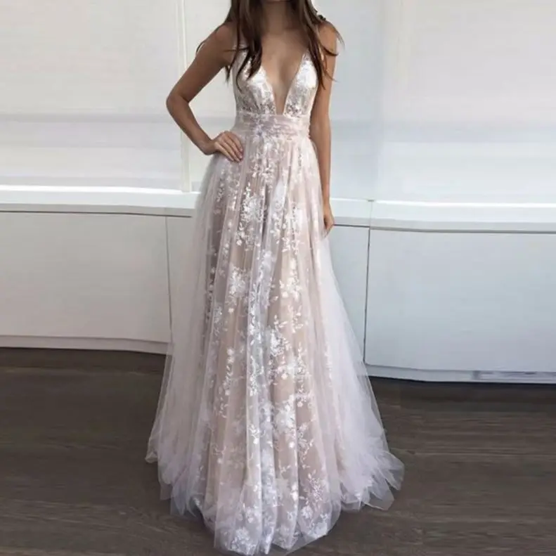 

woman sexy V neck fancy Princess Champagne white lace backless applique floral embroidered evening party dress long wedding gown