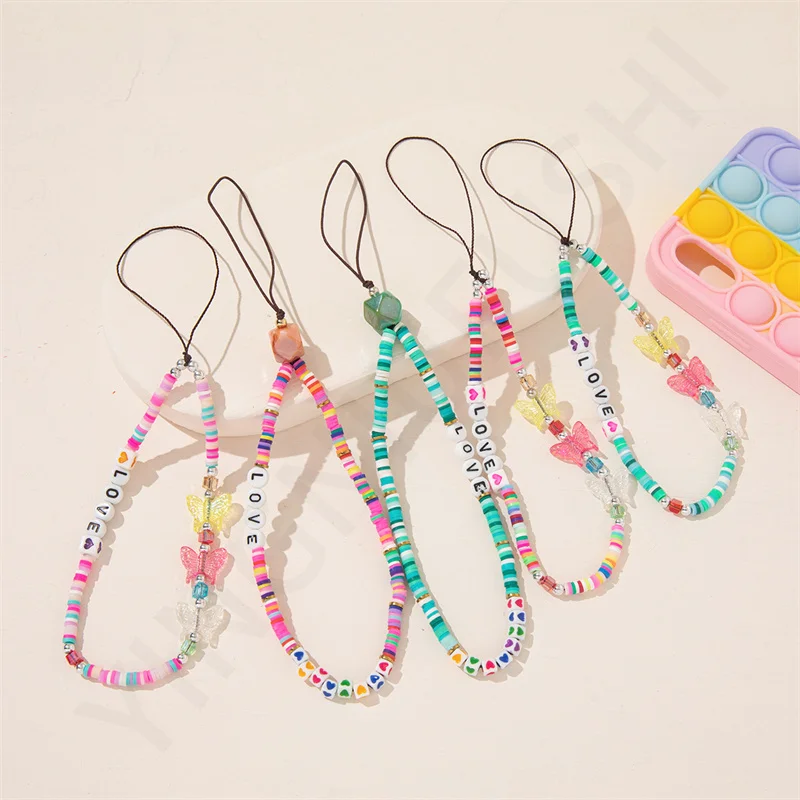 

New Colorful Heart Acrylic Beaded Phone Lanyard Custom Cute Love Butterfly Cell Phone Charm Strap