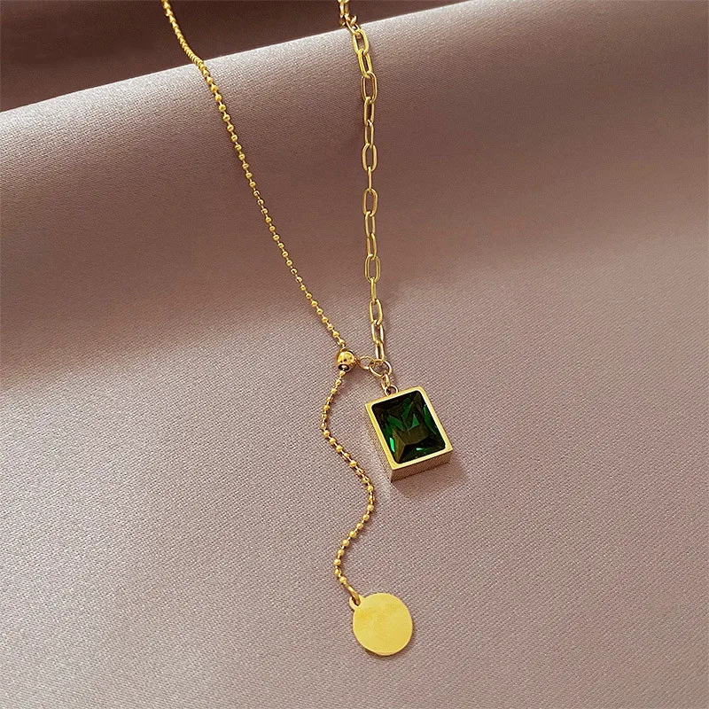 

Fashion Jewelry Asymmetric 18k Gold Plated Stainless Steel Chain Necklace Adjustable Rectangle Emerald Diamond Pendant Necklace