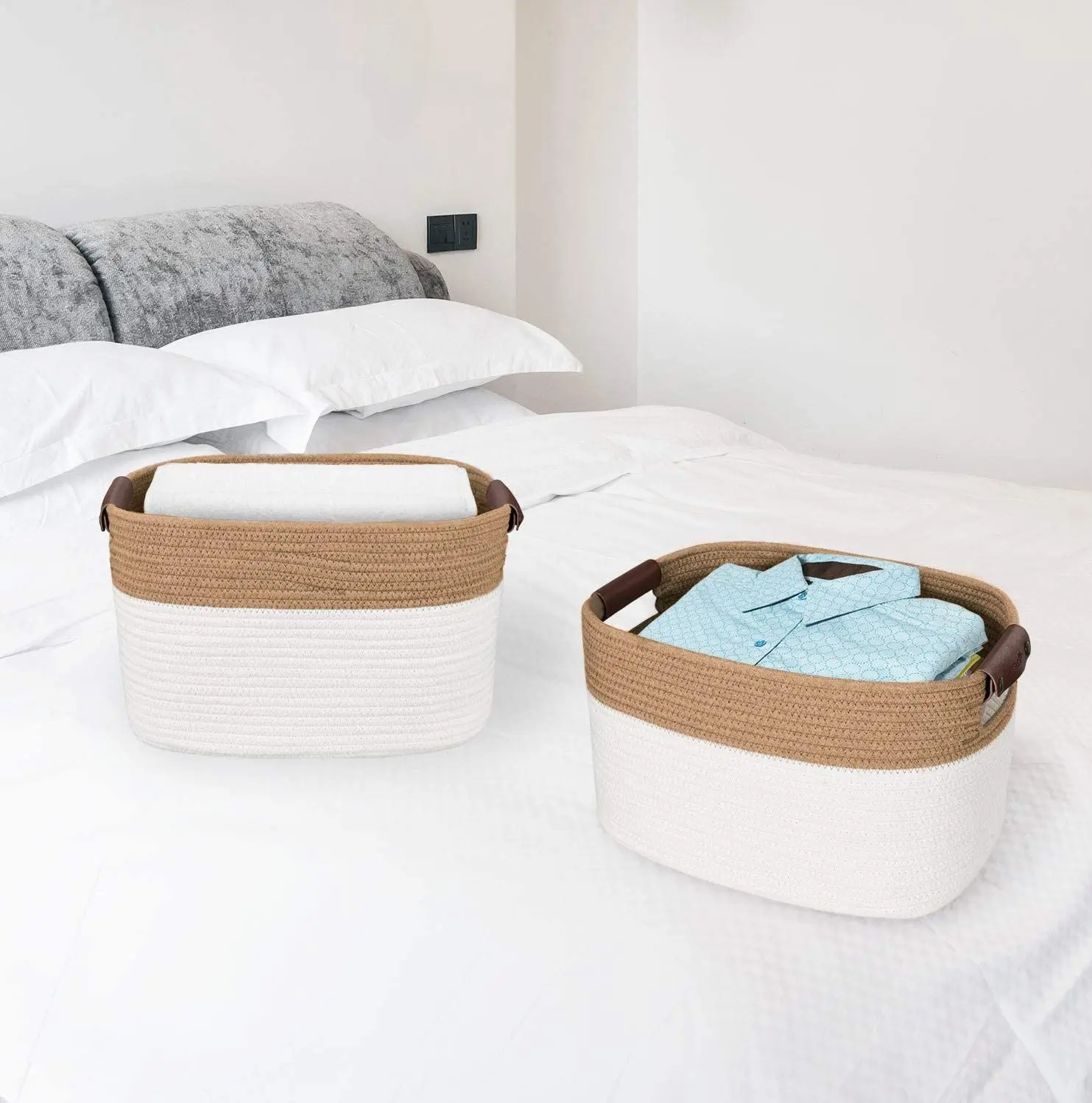 

Home Storage rectangle Customized Color High Quality Color Cotton rope basket with handles