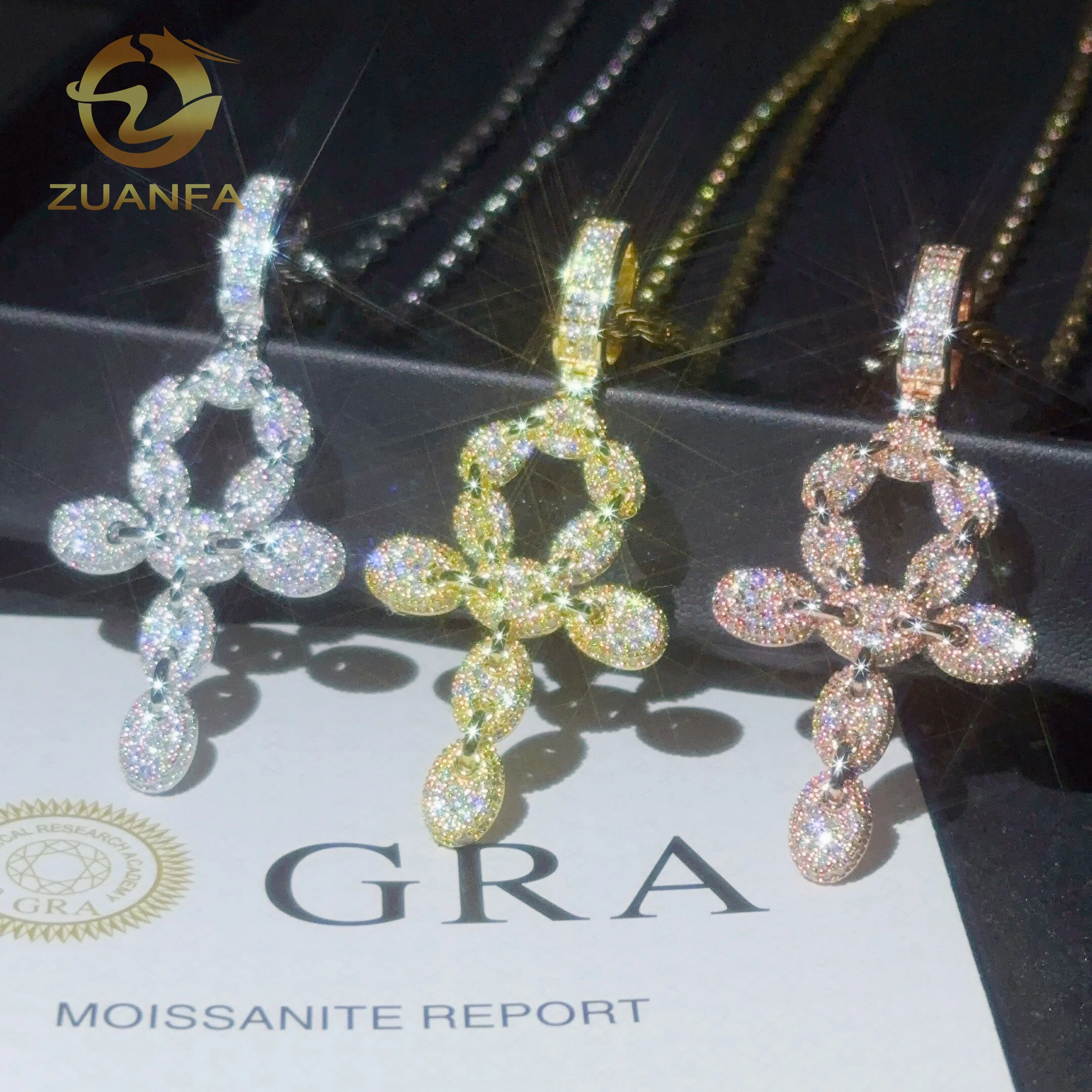 48 Hour Ship Out VVS Moissanite Hip Hop Jewelry Cross Iced Out Pendant Sterling Silver 925 Moissanite Pendant With Rope Chain