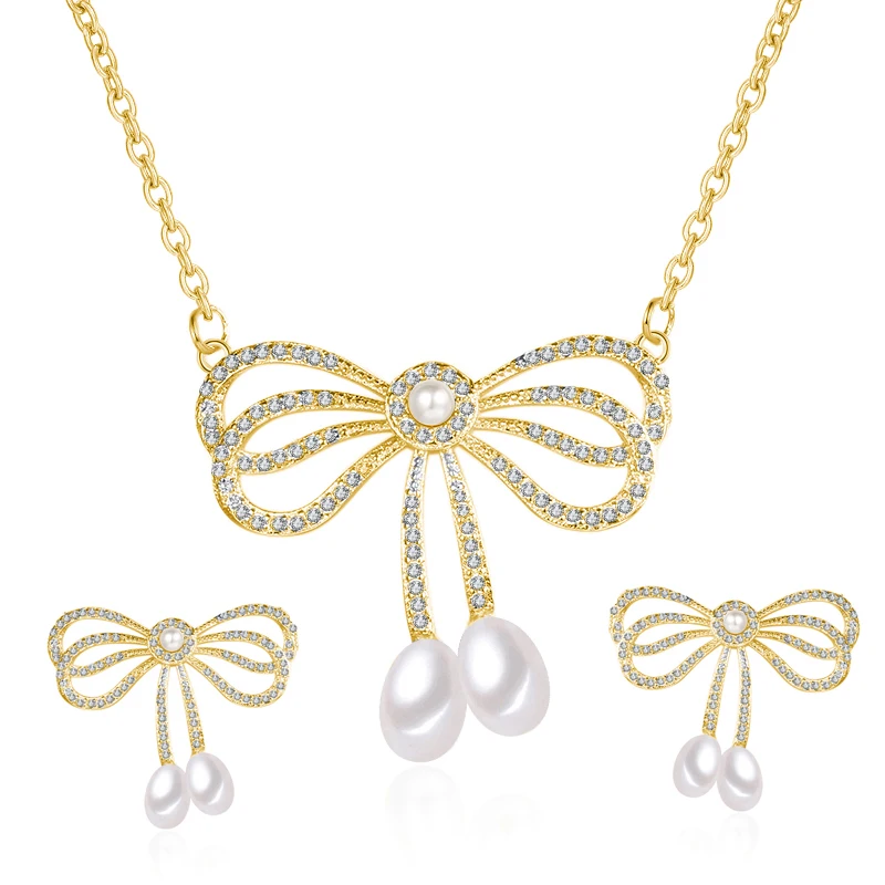 

Fashion Bow Jewelry Set Gold Plated Rose Gold Platinum Necklaces And Earrings For Women Jewelry Sets Pearl, Silver color