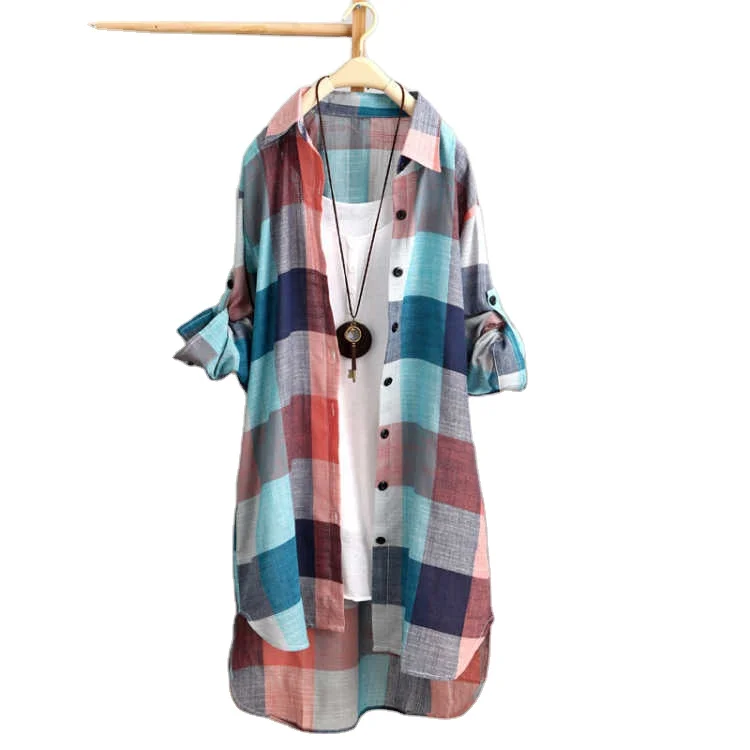 

2021 summer dress shirt large size women loose plaid long blouse sunscreen clothes