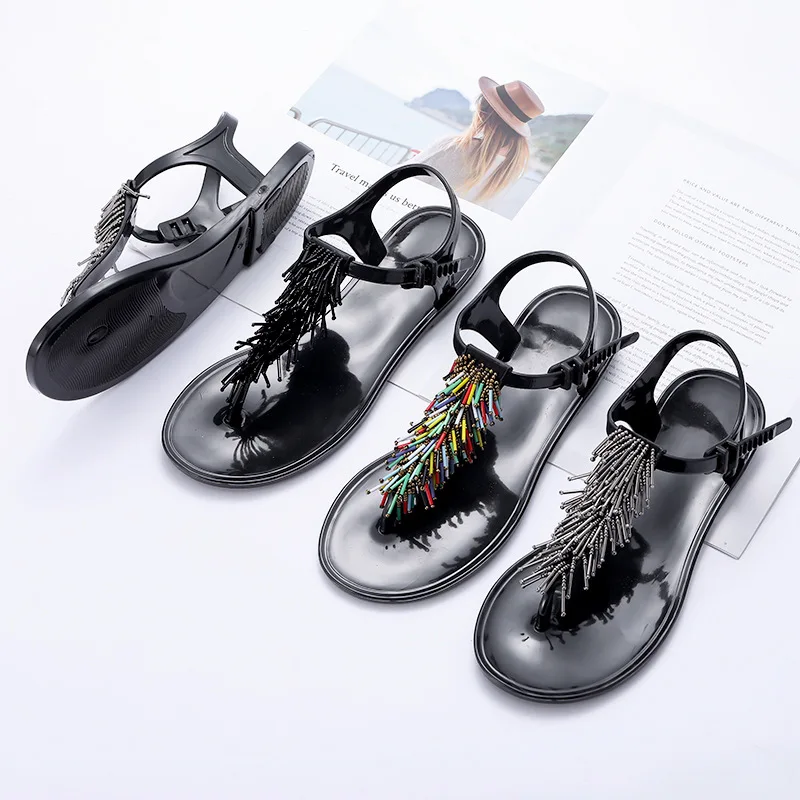 

LX08 New Internet celebrity tassels beads T strap sandals for women Solid color flat sandals ladies flip-flops soft pvc shoes