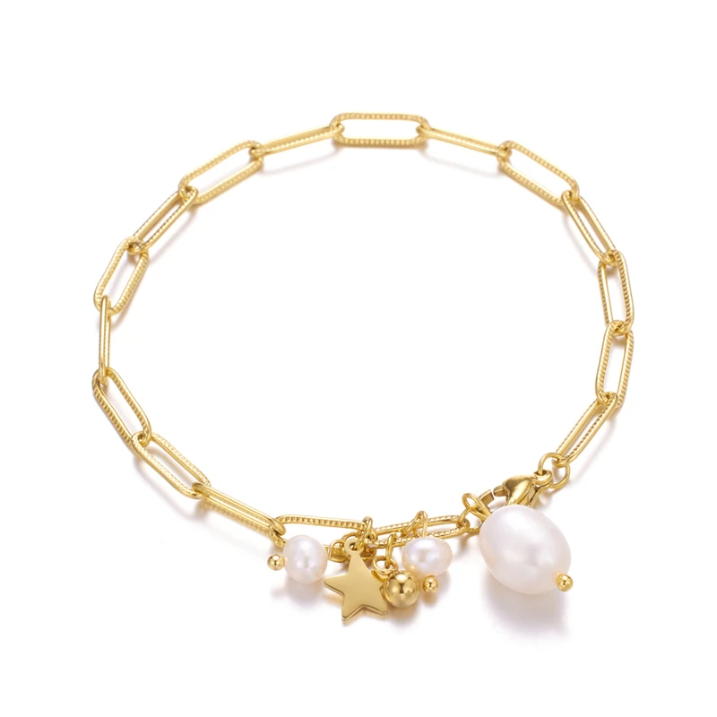 

women 18k plated gold fresh water pearl cross chain link bracelets bangles
