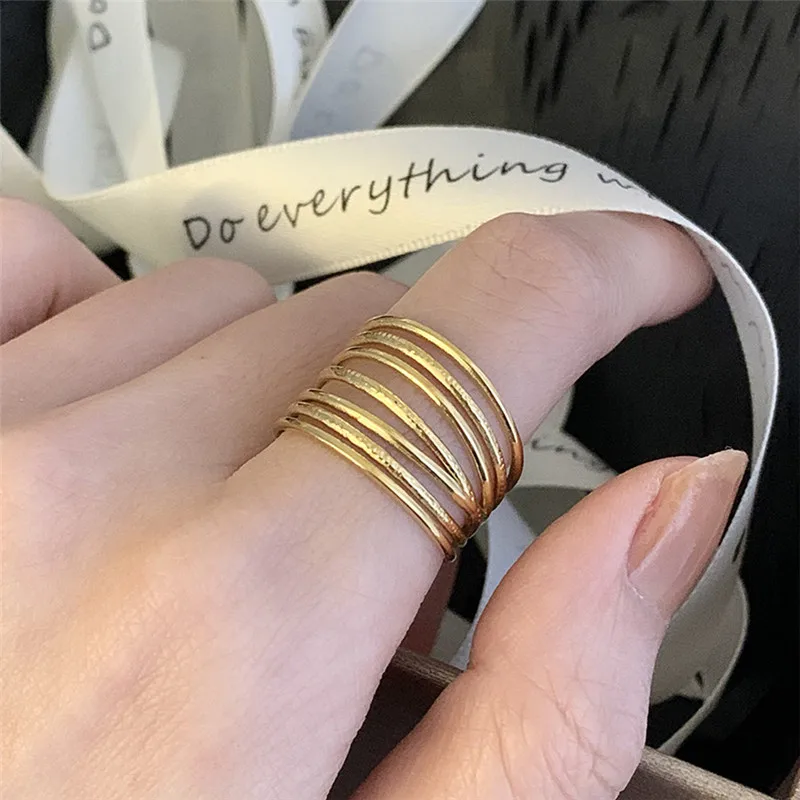 

18K Gold Plated Stainless Steel Waterproof Multilayer Finger Jewelry Open Multi layer Gold Ring for Women Girls
