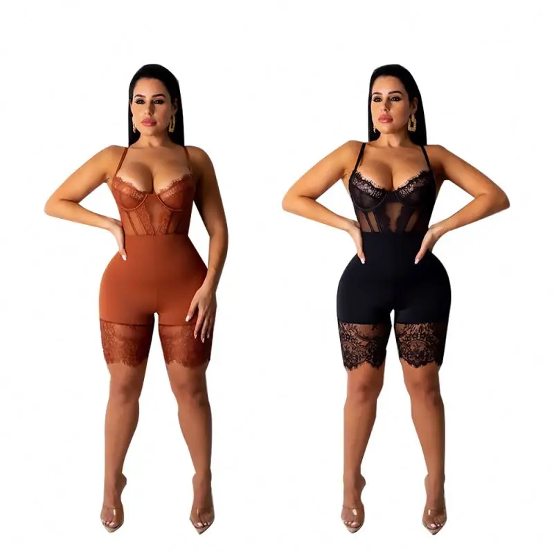 

Factory Direct High Quality lace romper jumpsuit deep v neck ladies romper bodycon romper, Black/caramel