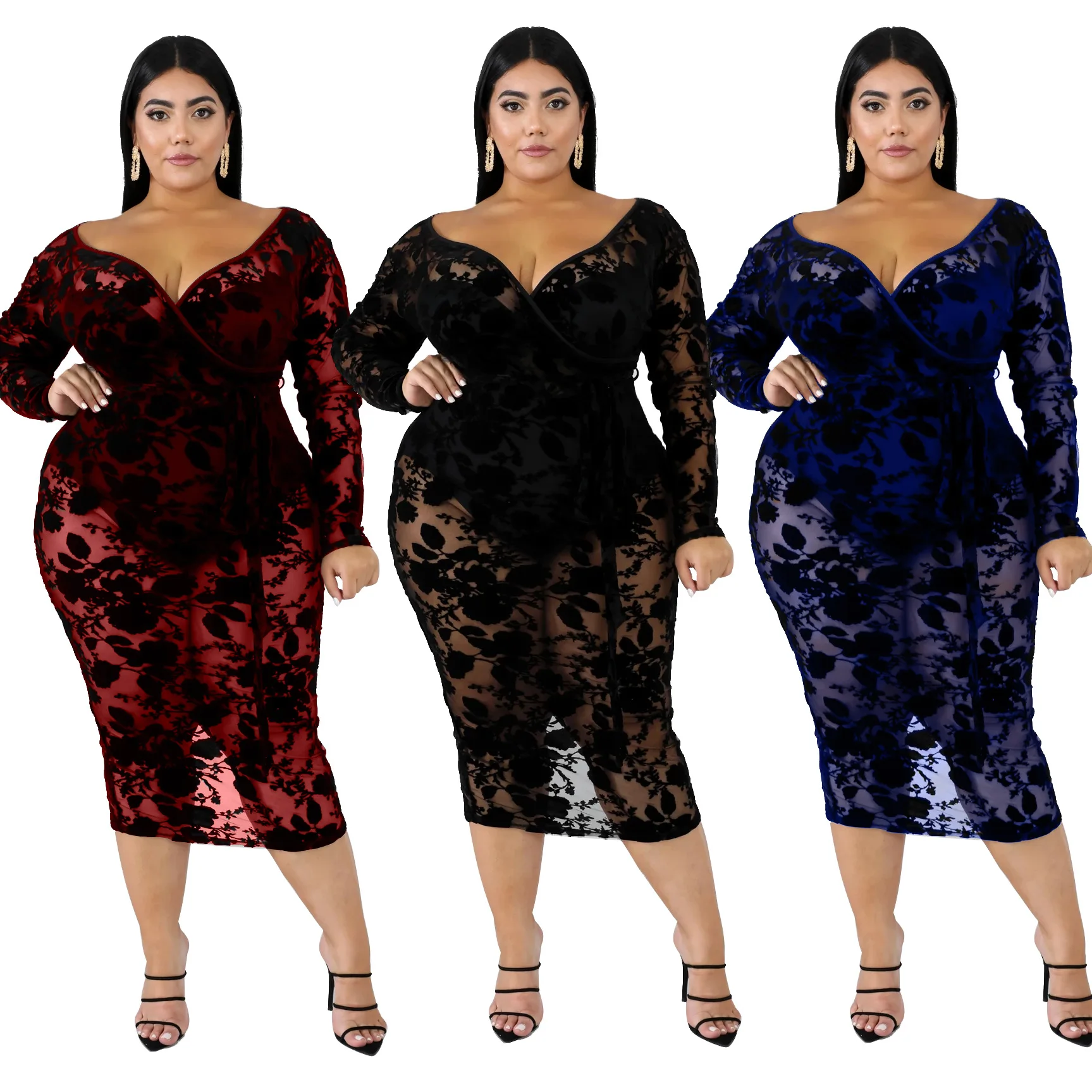 

Elegant large dresssexy fashion plus size clothing lady deep V neck bodycon long sleeve see through lace dress for plus size wom