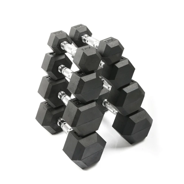 

Gym exercises weight lifting black color cast iron fixed rubber hex dumbbells set for unisex