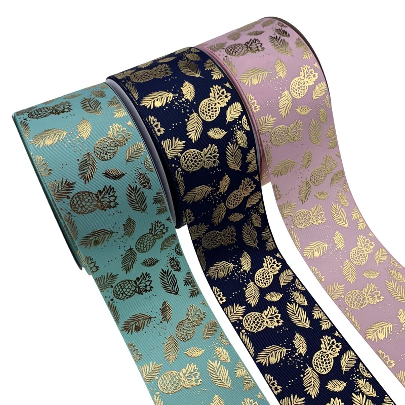 

3 inch (75mm) custom holographic printed gold foil grosgrain ribbon Leaves pattern for bows, 196 options