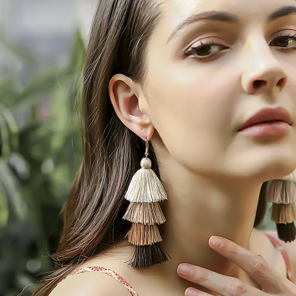 Hot Selling Long Tassel Pendant Drop Earrings Fashion Boho  Multi-layer Color Tassel Earrings For Women