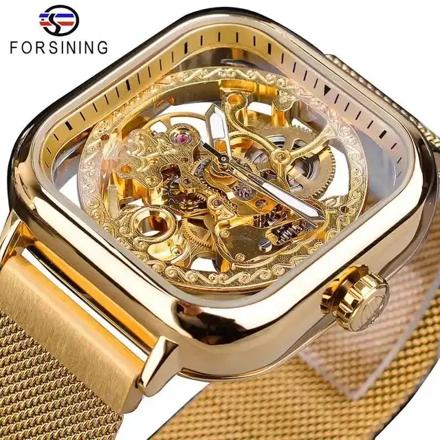 Forsining  New Men Mechanical Watches Automatic  Golden Transparent Fashion Mesh Steel Skeleton Man Wristwatch