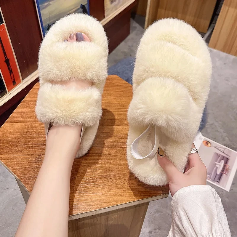 

Furry women shoes platform faux fur slides plush thick sole women slippers outdoor lady sandals