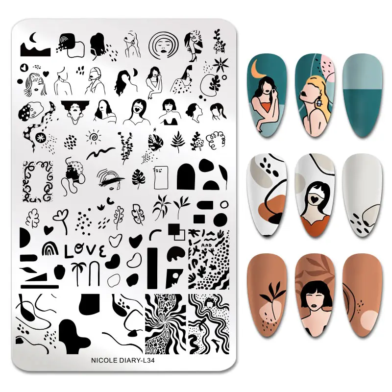 

Metal Nail Stamping Plates kit form Artist Young Girls Face Lines Pictures cartoon Nail Art Stamp Templates Tools, As picture