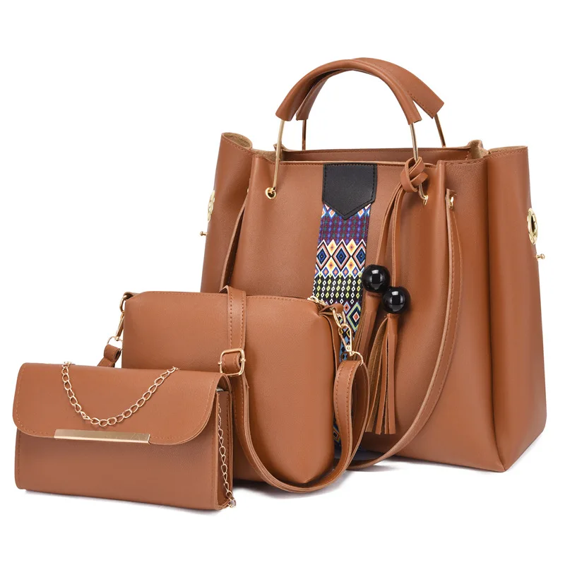 

2022 National design 3 pcs handbag set women purse 3 piece ladies shoulder bag pu handbag, As picture
