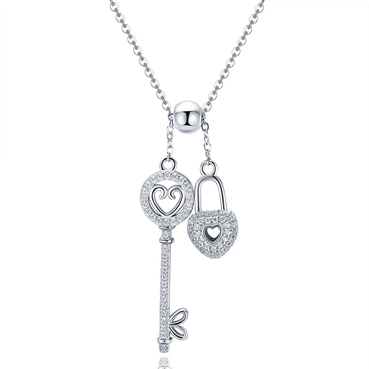 

S925 sterling silver Shining zircon key and lock stylish platinum plated necklace, Avaliable