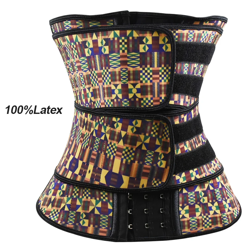 

High Quality African Print Fajas Body Shaper Steel Bones Corset Double Strap Belt Hook Latex Waist Trainer Private Label, African printing