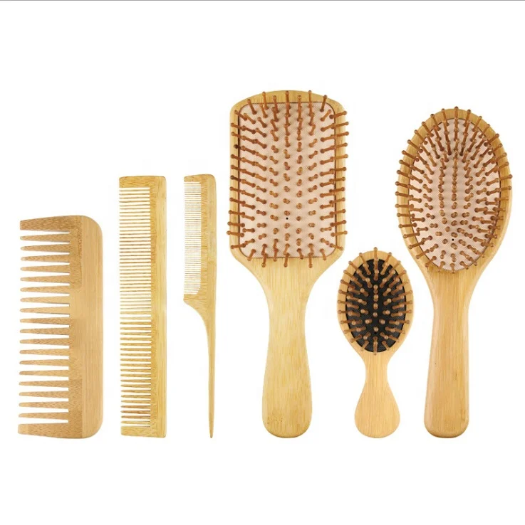 

Amazon Hot Selling 6PCS Natural Bamboo Hair Brush Comb Set Paddle Hair Styling Brush Paddle Brush Wide Tooth Comb Tail Comb
