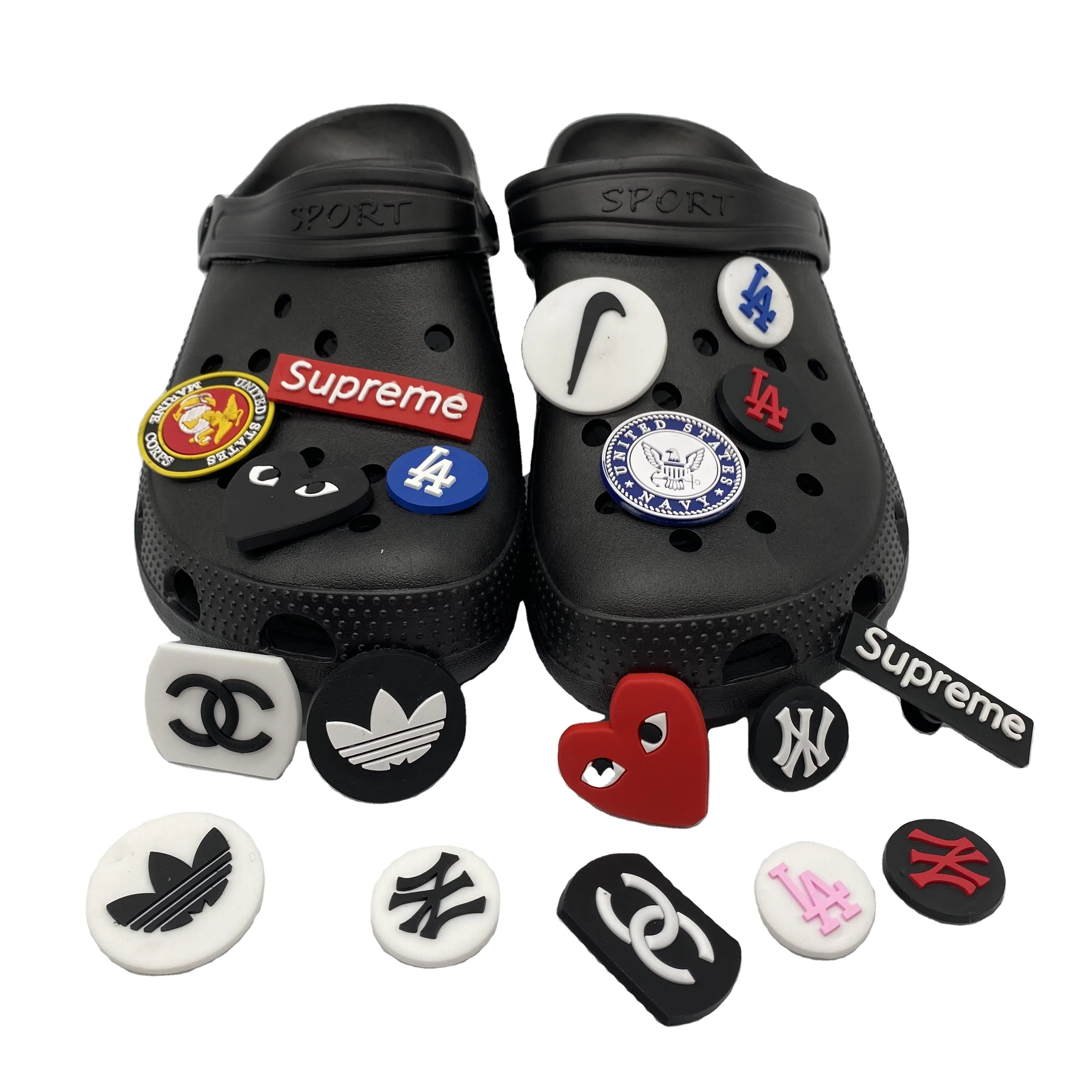 

1bag=100pcs wholesale custom hot Amazon brand LOGO clog shoe buckles pvc clog charms fashion accessories croc buttons jibitz, As picture