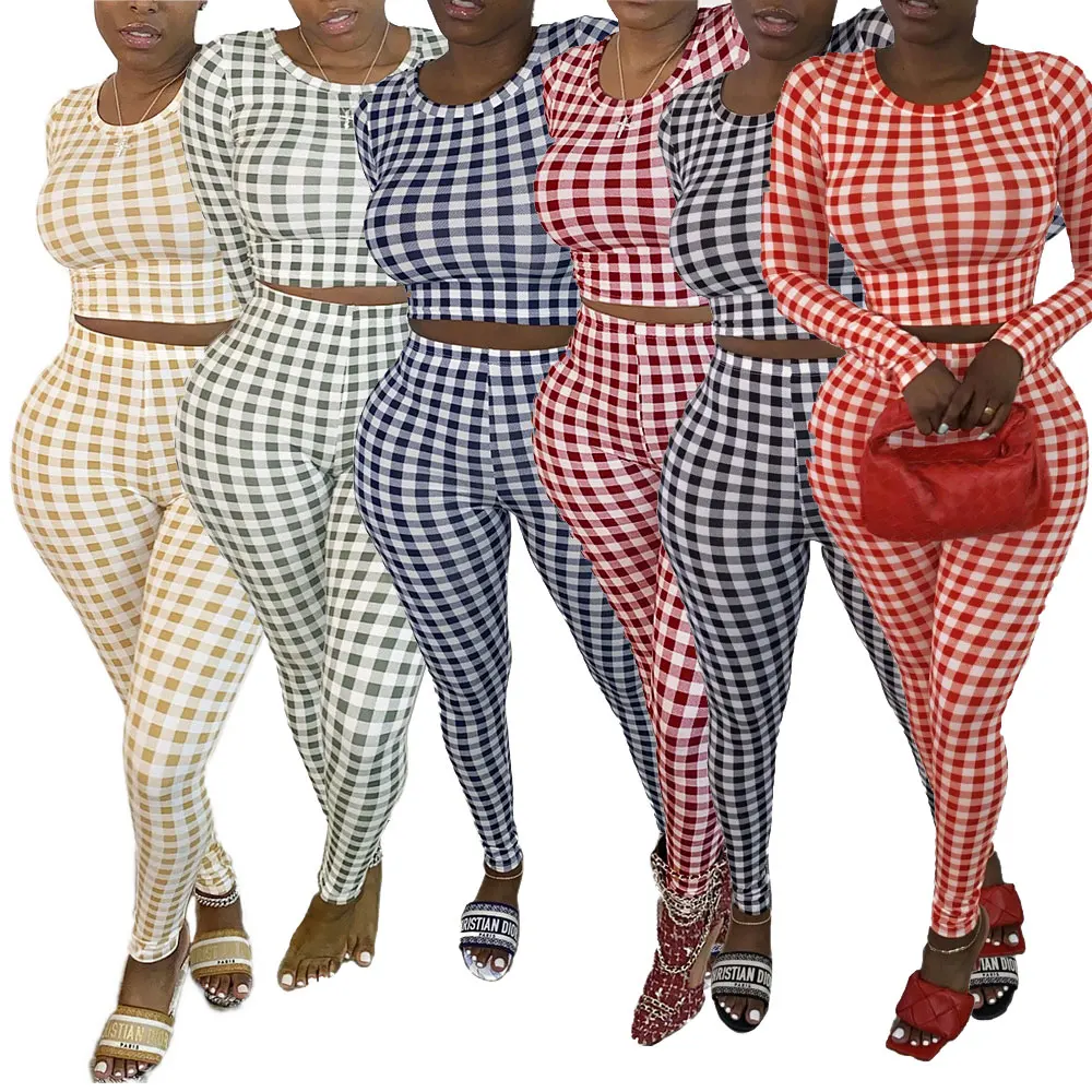 

20730-MX44 plaid autumn two piece sets jumpsuits women sehe fashion