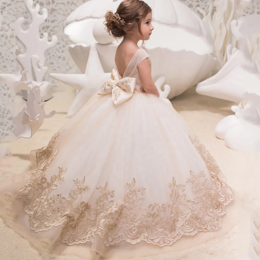 

champagne kids ball gowns embroidery lace flower girls party dresses for wedding 2019 latest pageant dresses for kids, Picture color
