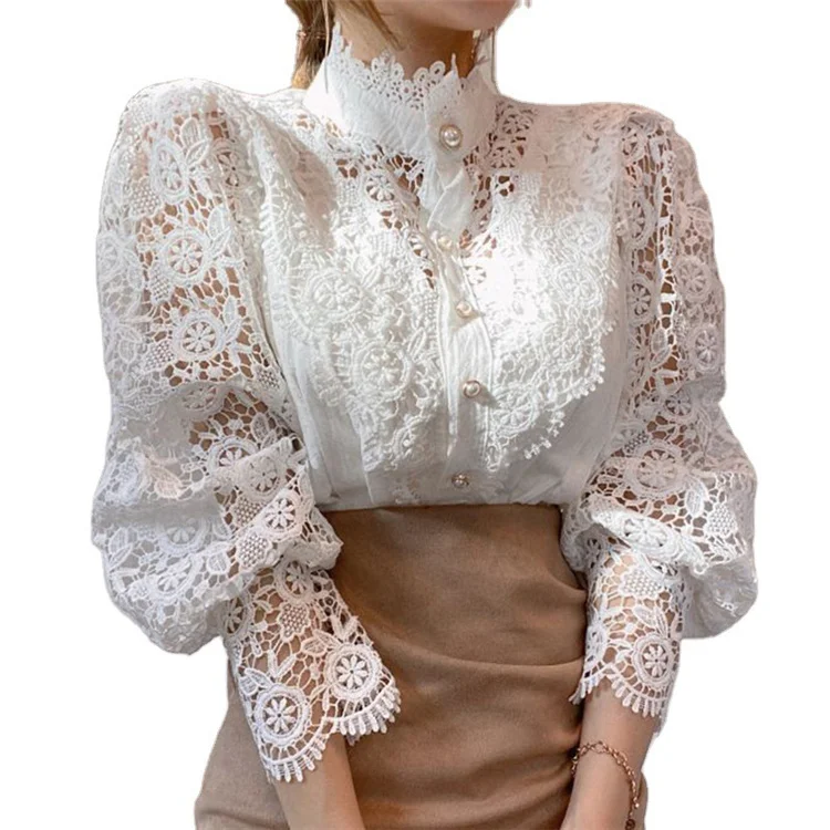 

Petal Sleeve Stand Collar Hollow Out Flower Lace Patchwork Shirt Femme Blusas All-match Women Blouse Chic Button White Top