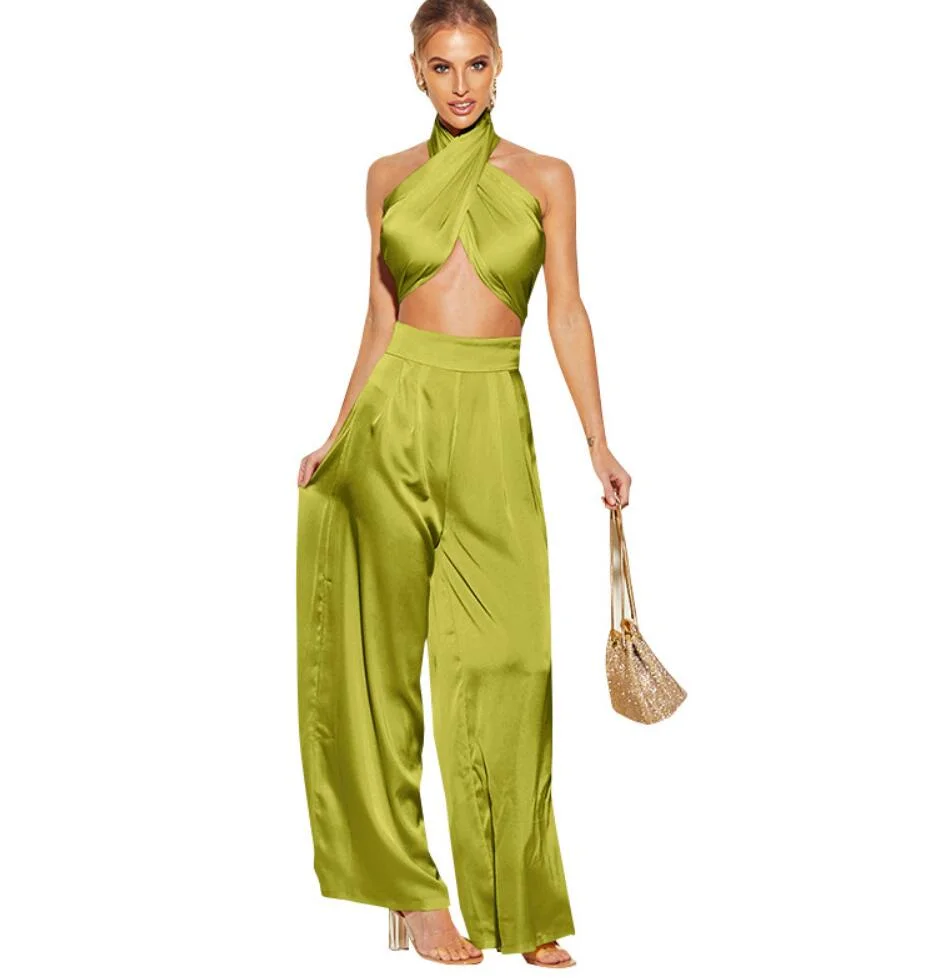 

2021 Summer Sexy High Waist Long Wide Leg Pants Two Piece Set For Women, Blue,yellow, green