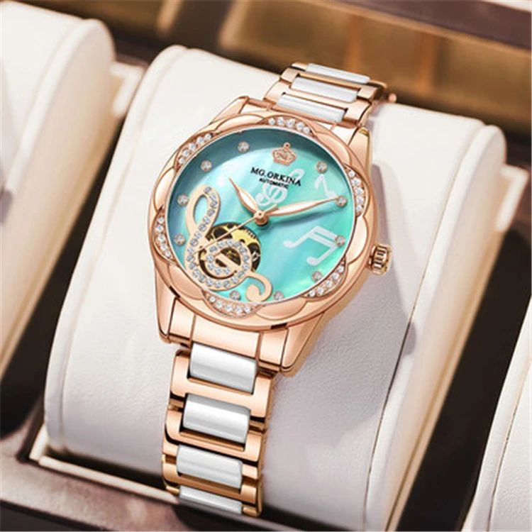 

MG.ORKINA Fashion Mechanical Women Watches Top Brand Luxury Diamond Design Ceramic Stainless Steel Band Automatic Female Watch