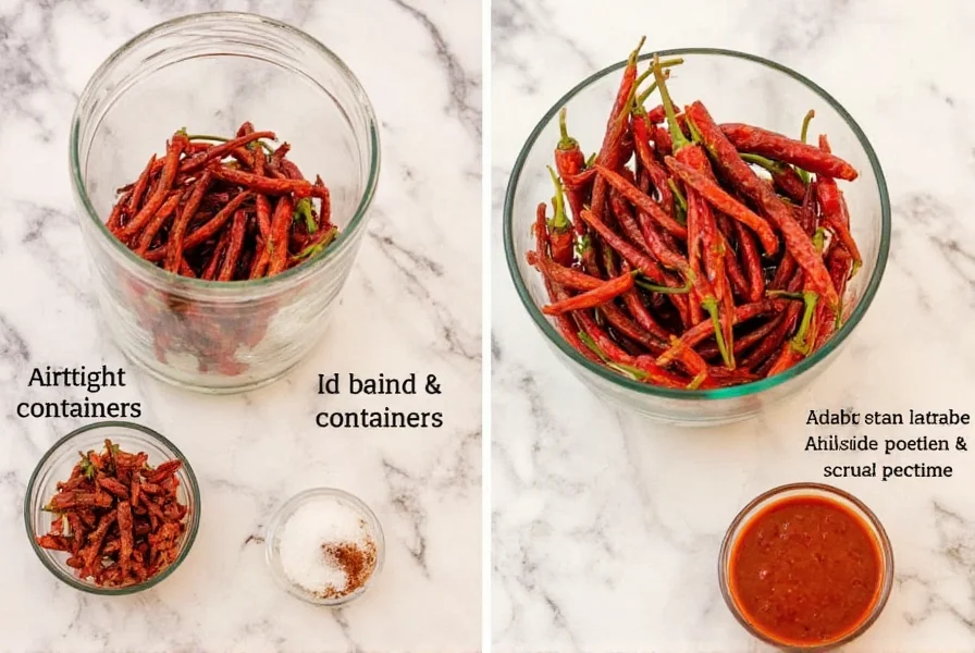 Proper storage methods for dried guajillo chilies and prepared guajillo chili sauce showing airtight containers and freezing techniques