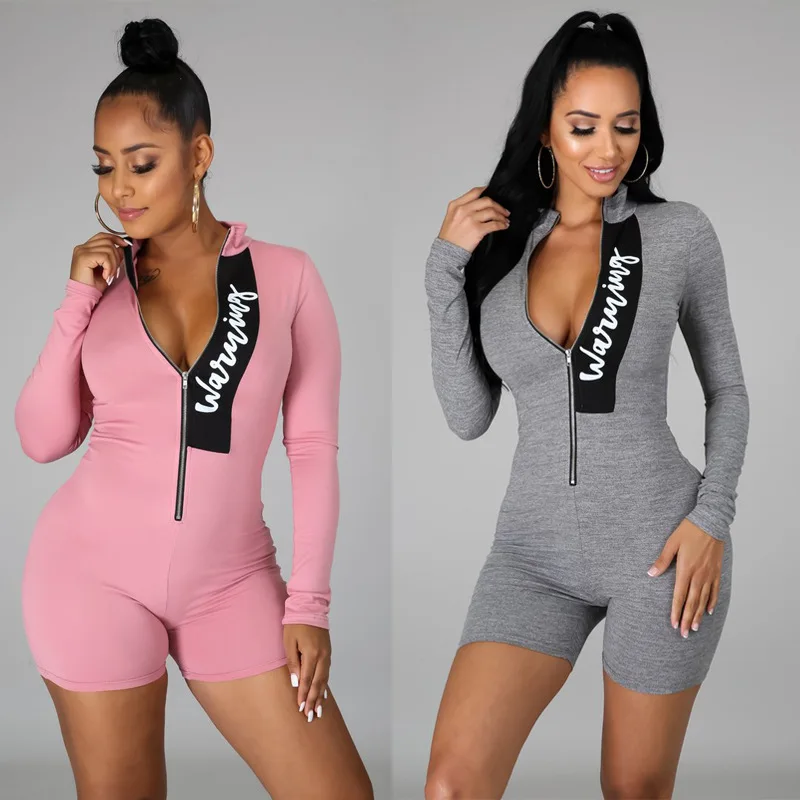 

Europe and the United States Hot New Letter Printing Long-sleeved Zipper Shirt Short Casual Yoga Sports Jumpsuit, Picture