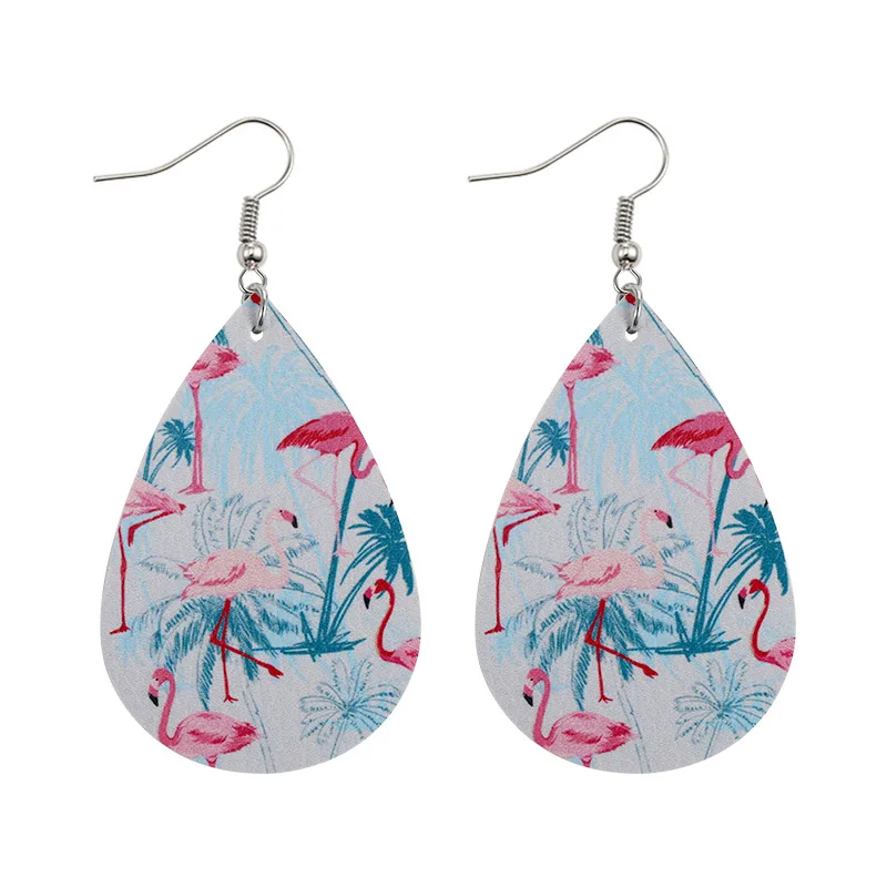 

New Design Flamingo Print Teardrop Earrings Faux Leather Earring Jewelry For Women, Colorful