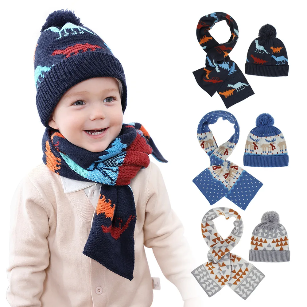 

MIO Winter Children Knitted Hat Scarf Set Cute Cartoon Elk Jacquard Pom Pom Beanie Hat Warm Soft Knit Scarf Set For Kids Toddler