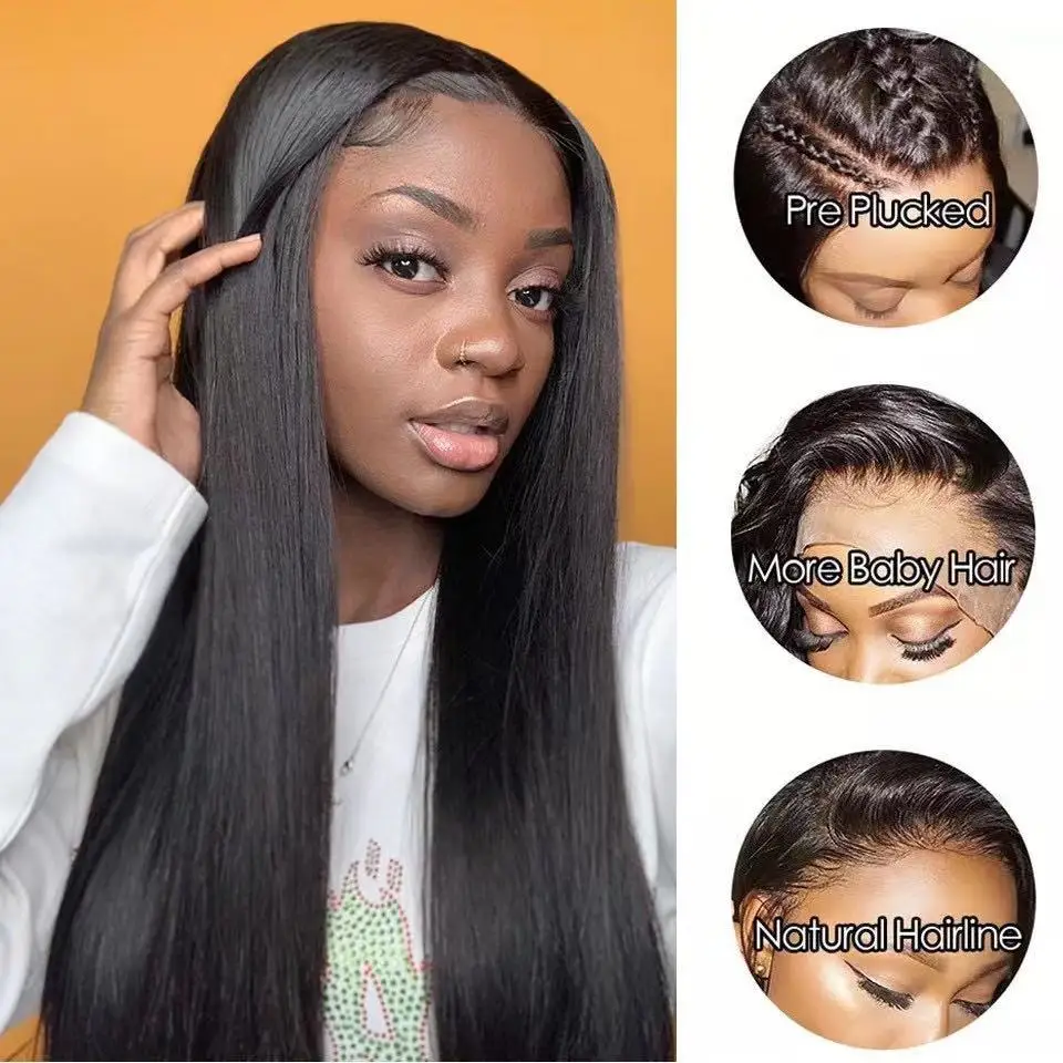

LKFoxen Black Ladies Wig Brazil Straight Hair Human Hair Wig 13#4 Swiss Lace Front Wig Pre-pull HD Lace Closure