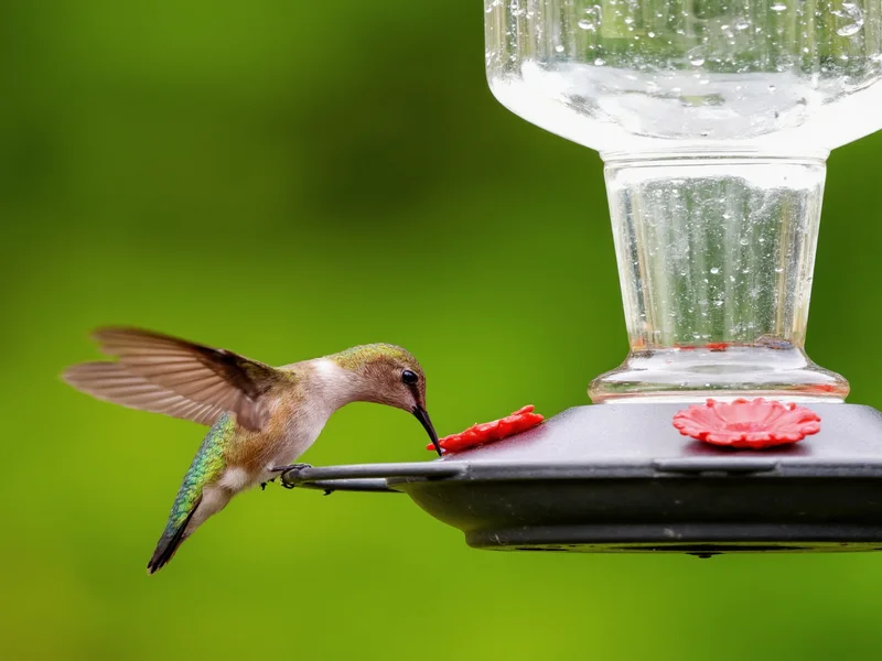 Hummingbird feeding from glass feeder with clear nectar