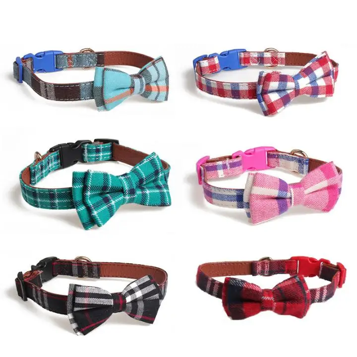 

Pet Dog Collar Leather Plaid Bow Cat Collar Yorkie Chihuahua Collar For Dogs Cat BowTie Small Dog Leash Waking Leads, Picture