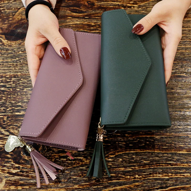 

Simple Designer Women Wallet Leather Long Gold Plated Heart Shape Chain Tassel Wallet Womens Quality Female Purse Card Holder, Customize