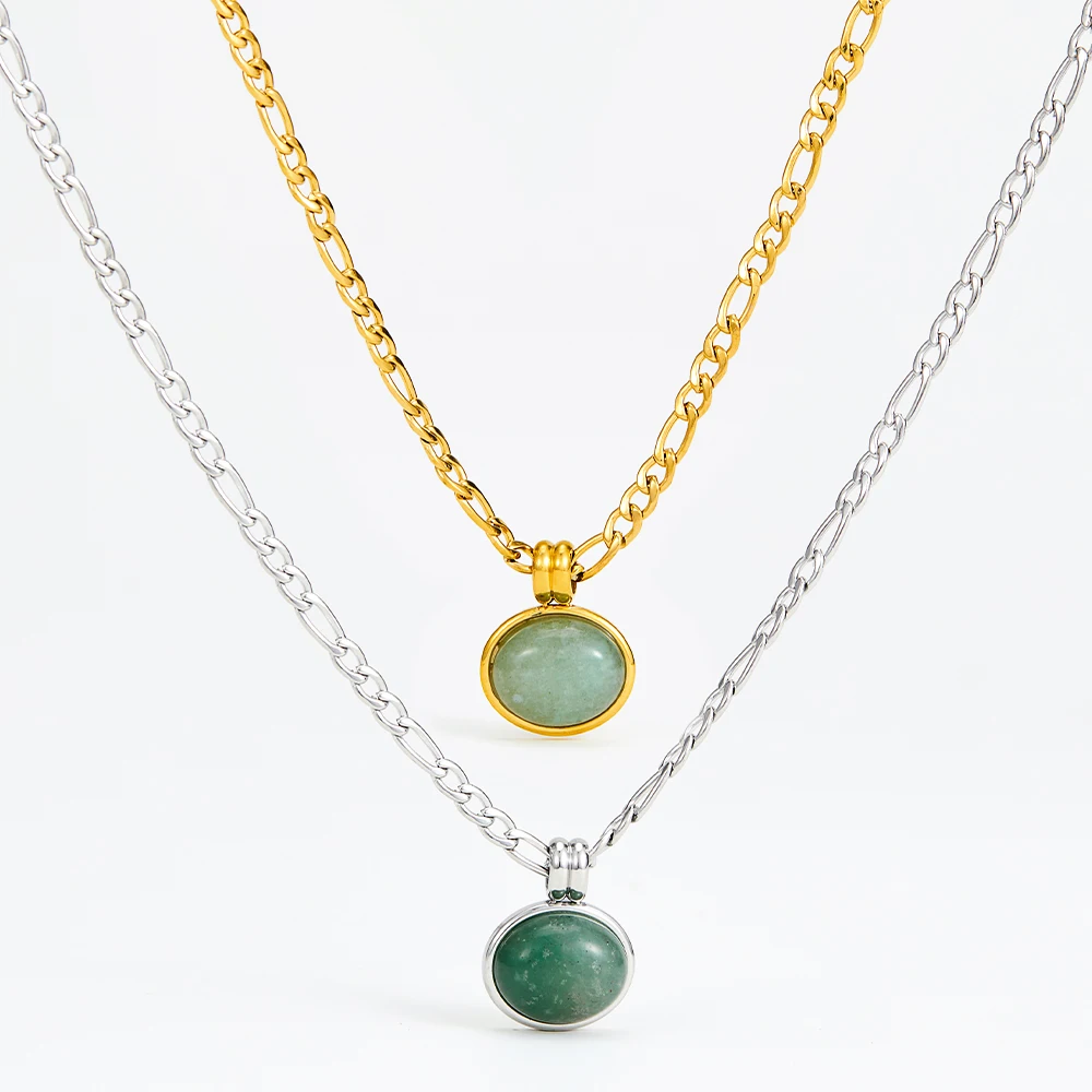 

Gold plated stainless steel Figaro chain jewelry necklace Natural green Aventurine stone pendant necklace for gift