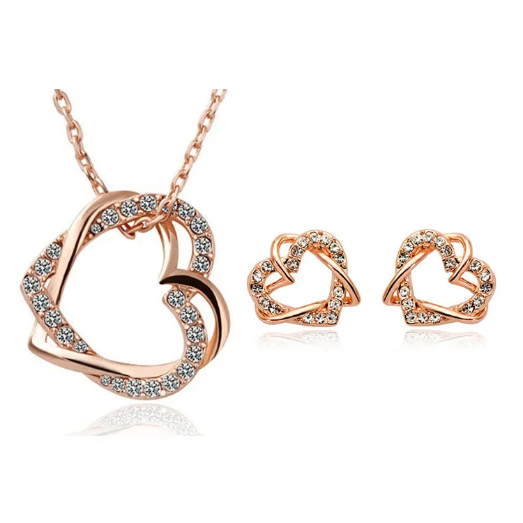 

European Popular Rose Gold Plating Rhinestone Crystal Hollow Heart Necklace Earrings Set Micro Paved Cz Heart Bridal Jewelry Set