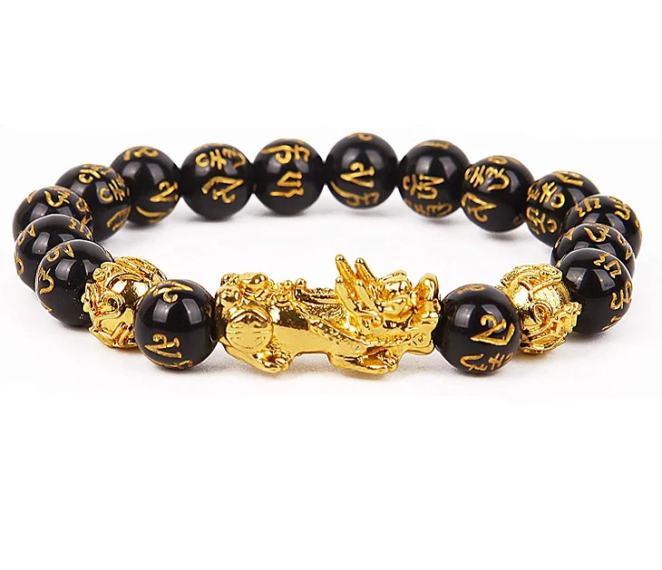 

12 mm Feng Shui Bead Bracelet Chinese Bracelet with Hand Carved Black Amulet for Attracting Wealth and Good Luck Y0742, As picture