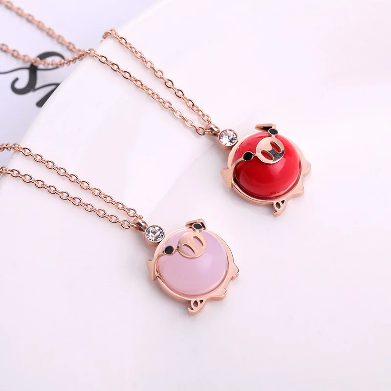 

Creative Cute Jewelry Titanium Steel Animal Pig Pendant Necklace Clear Pink Crystal Piggy Pendant Necklace for Girls