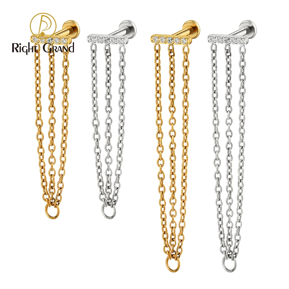 

Right Grand ASTM F136 Titanium 16G Threadless Push Pin Triple Chains Tassel T-Shaped Conch Helix Cartilage Stud Earring